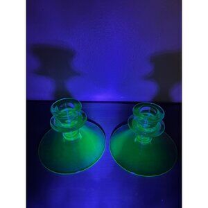 Vintage Green Uranium Glass Candle Stick Holders Set of Two Glowing 4"
